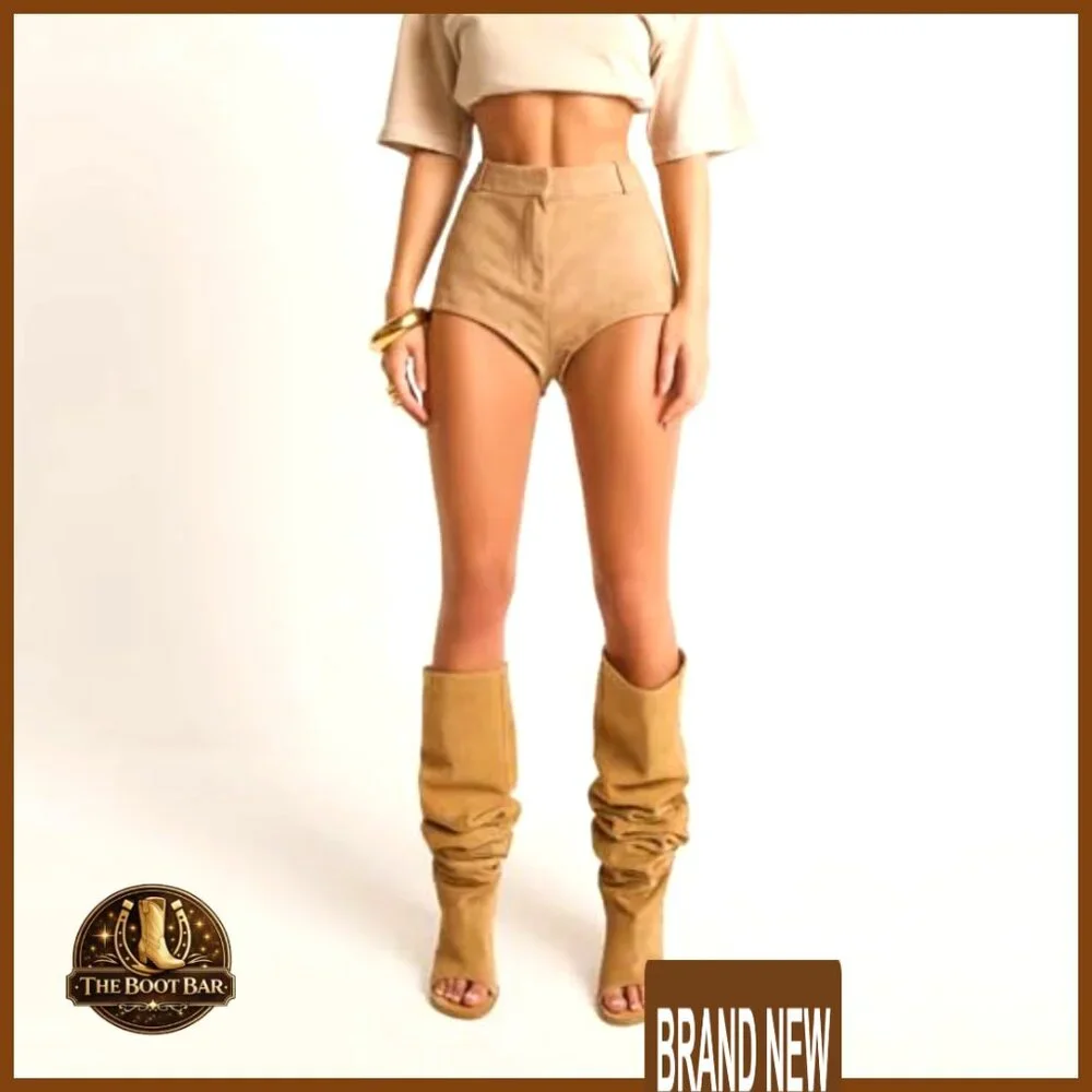 Kitten Heel Knee High Boots Open Peep Toe Wide Calf Slouchy Fashion Boots - Picture 4 of 6
